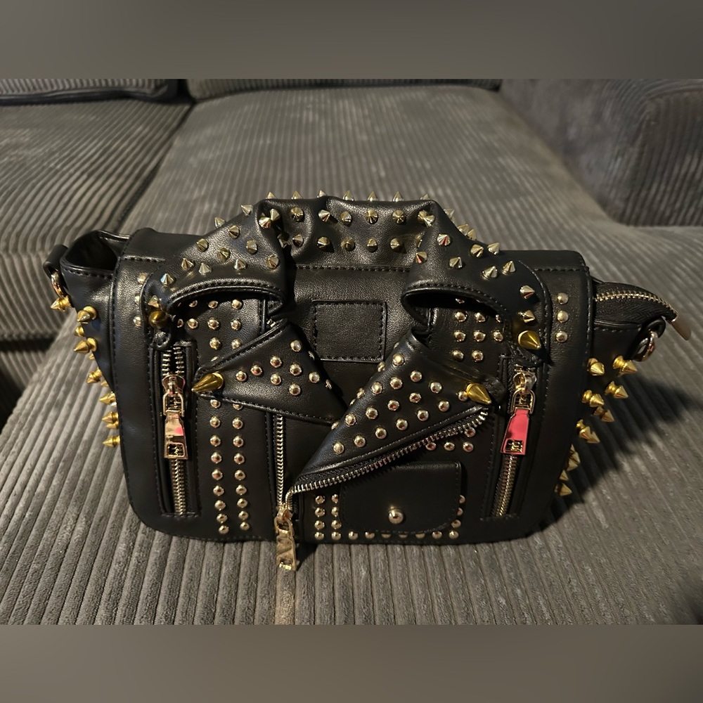 AKIRA Black Studded Moto Crossbody Bag